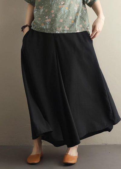 Summer new style literary fan black elastic waist versatile wide leg culottes - bagstylebliss