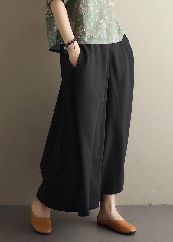 Summer new style literary fan black elastic waist versatile wide leg culottes - bagstylebliss