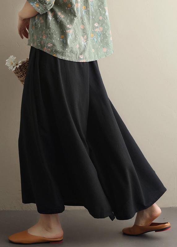 Summer new style literary fan black elastic waist versatile wide leg culottes - bagstylebliss