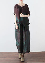 Summer new women's retro green printed silk chiffon two-piece high-end foreign style suit - bagstylebliss