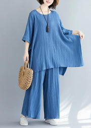Summer new women's solid color retro blue jacquard cotton sleeves shirt - bagstylebliss