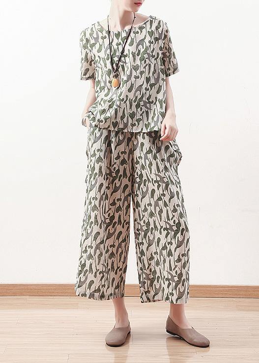 Summer original design vintage green short sleeve prints linen print shirt pants two pieces - bagstylebliss