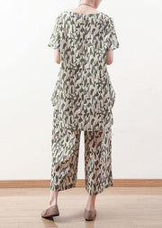 Summer original design vintage green short sleeve prints linen print shirt pants two pieces - bagstylebliss