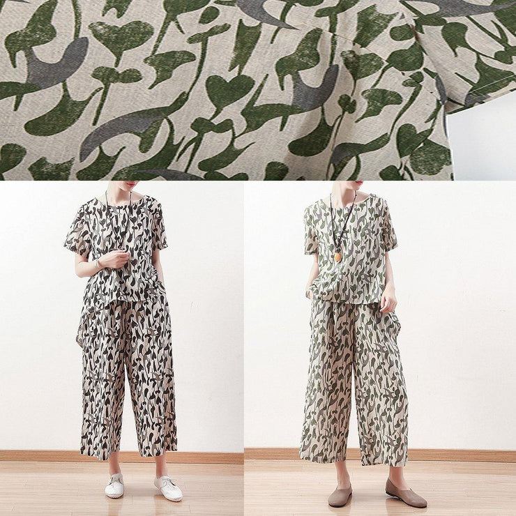 Summer original design vintage green short sleeve prints linen print shirt pants two pieces - bagstylebliss