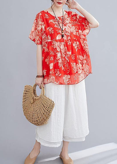 Summer red small floral cotton and linen top + wide-leg pants suit - bagstylebliss