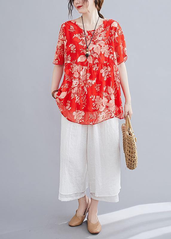 Summer red small floral cotton and linen top + wide-leg pants suit - bagstylebliss