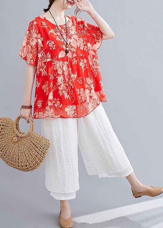 Summer red small floral cotton and linen top + wide-leg pants suit - bagstylebliss