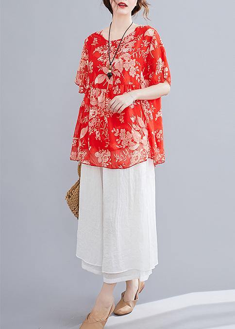 Summer red small floral cotton and linen top + wide-leg pants suit - bagstylebliss