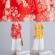 Summer red small floral cotton and linen top + wide-leg pants suit - bagstylebliss