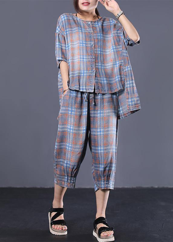 Summer retro plaid casual shirt denim two pieces - bagstylebliss