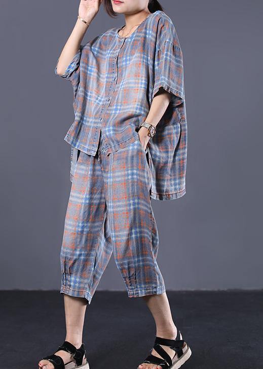 Summer retro plaid casual shirt denim two pieces - bagstylebliss