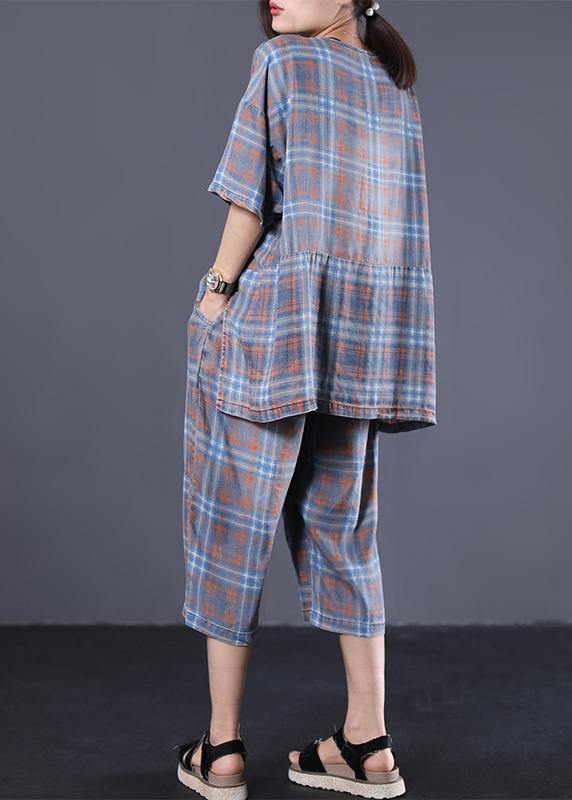 Summer retro plaid casual shirt denim two pieces - bagstylebliss