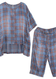 Summer retro plaid casual shirt denim two pieces - bagstylebliss