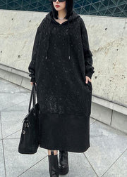 Sweater women's autumn winter loose hooded Plush shiny black dress - bagstylebliss