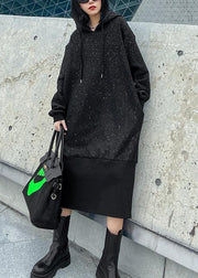 Sweater women's autumn winter loose hooded Plush shiny black dress - bagstylebliss