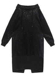 Sweater women's autumn winter loose hooded Plush shiny black dress - bagstylebliss