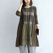 Tea green patchwork plaid cotton dresses oversize casual shift dresses