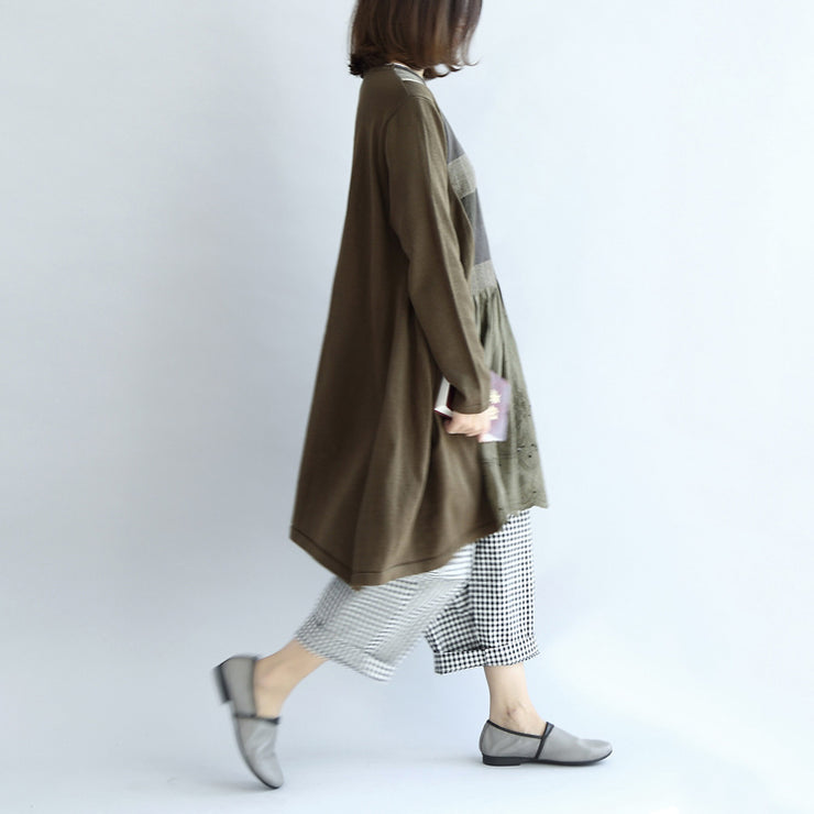 Tea green patchwork plaid cotton dresses oversize casual shift dresses