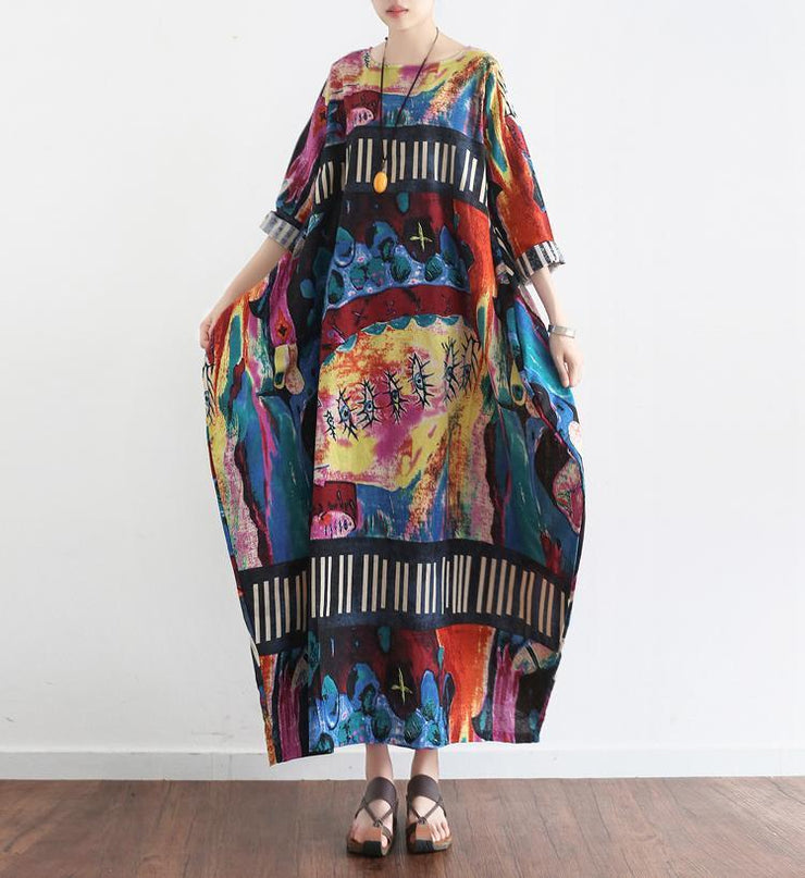 The secret world print linen dresses oversize caftans 2024 fall cotton gown