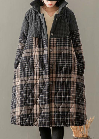 Thick Gray Plaid Coats Plus Size Clothing Coats Stand Collar Button Down outwear - bagstylebliss