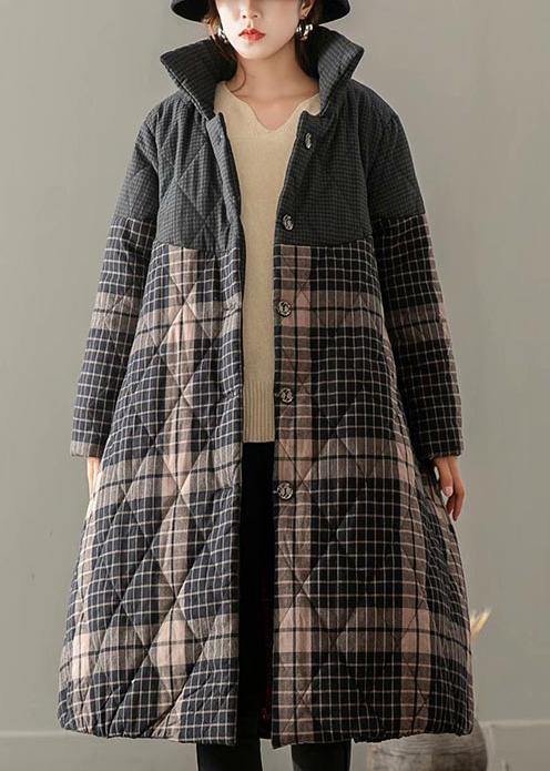 Thick Gray Plaid Coats Plus Size Clothing Coats Stand Collar Button Down outwear - bagstylebliss