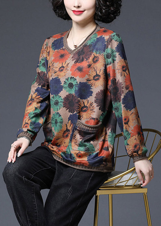 2024 Baggy V Neck Print Pockets Knit Tops Long sleeve