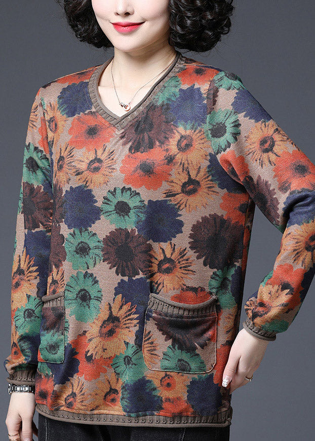 2024 Baggy V Neck Print Pockets Knit Tops Long sleeve