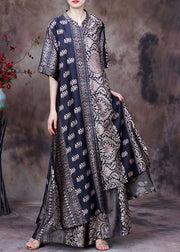 2024 Black Asymmetrical Print Side Open Silk Long Top And Wide Leg Pant Two Piece Set Summer