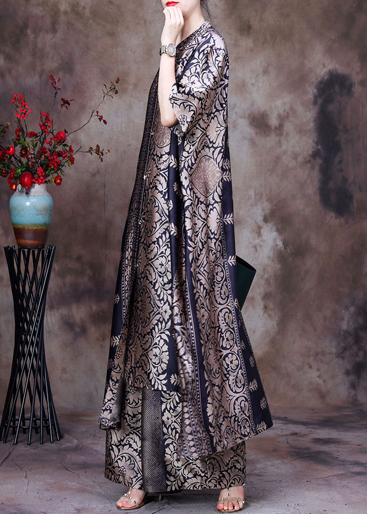 2024 Black Asymmetrical Print Side Open Silk Long Top And Wide Leg Pant Two Piece Set Summer