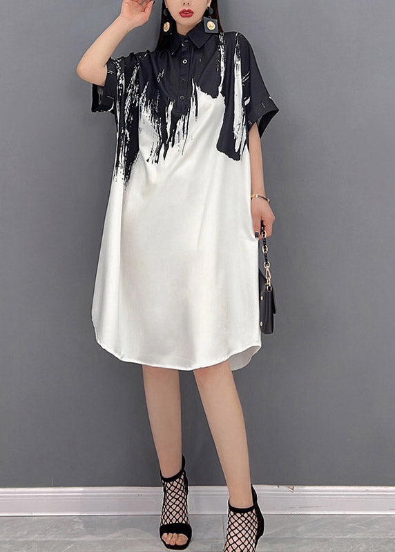 2024 Black Peter Pan Collar Print Button Silk Dress Short Sleeve