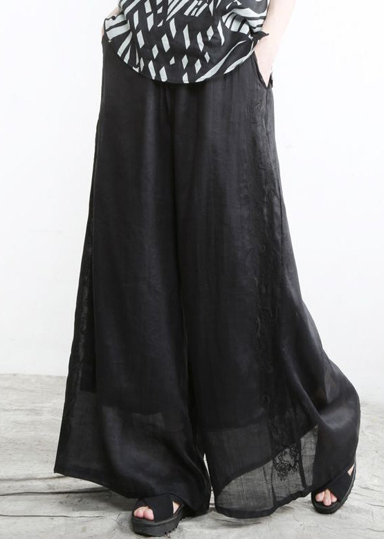 Top Quality Black Pockets Elastic Waist Thin Linen Wide Leg Pants Spring