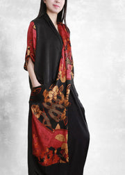 2024 Black Red V Neck Asymmetrical Print wrinkled Pockets Silk Dress Half Sleeve