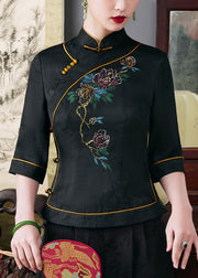 Top Quality Black Stand Collar Button Silk Top Half Sleeve