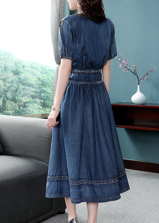 2024 Blue Cinched V Neck Cotton Denim Dress Short Sleeve