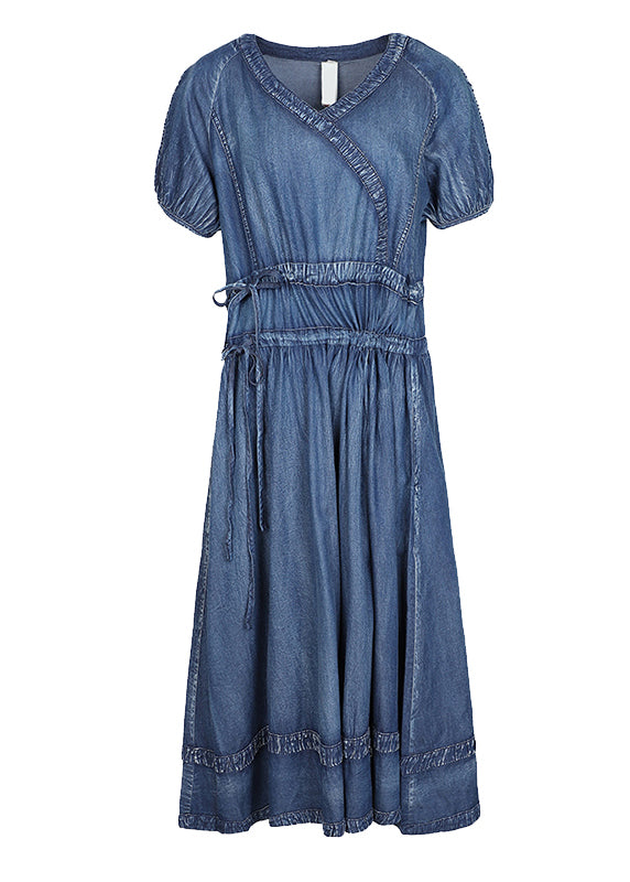 2024 Blue Cinched V Neck Cotton Denim Dress Short Sleeve