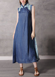 2024 Blue Stand Collar Button Patchwork Long Denim Dress Sleeveless