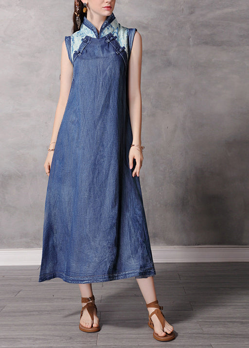 2024 Blue Stand Collar Button Patchwork Long Denim Dress Sleeveless