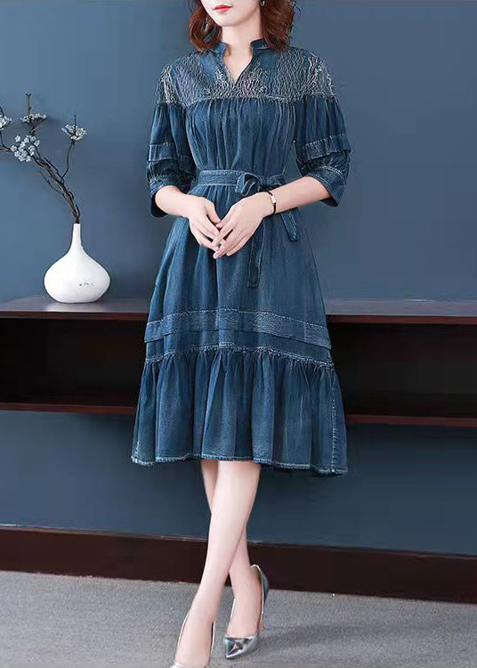 2024 Blue V Neck Embroideried wrinkled Sashes Holiday Dress Half Sleeve