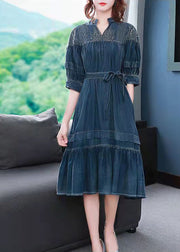 2024 Blue V Neck Embroideried wrinkled Sashes Holiday Dress Half Sleeve