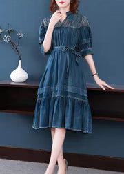 2024 Blue V Neck Embroideried wrinkled Sashes Holiday Dress Half Sleeve