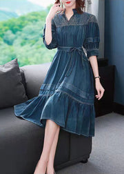 2024 Blue V Neck Embroideried wrinkled Sashes Holiday Dress Half Sleeve