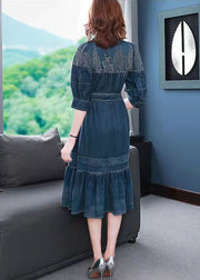 2024 Blue V Neck Embroideried wrinkled Sashes Holiday Dress Half Sleeve