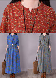 2022 Langes Kleid aus Leinen mit Cinched-Print und langen Ärmeln