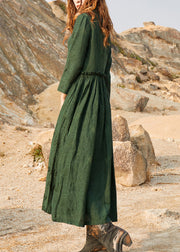 2024 Green Cinched V Neck Ruffled Silk Holiday Dress Long Sleeve