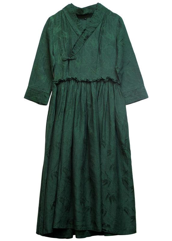 2024 Green Cinched V Neck Ruffled Silk Holiday Dress Long Sleeve