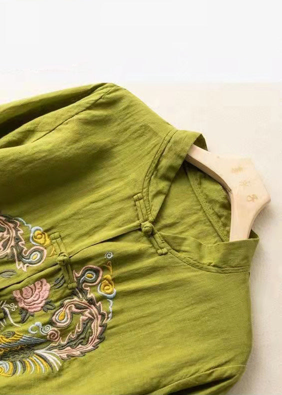 2024 Green Embroideried Linen Shirt Top Half Sleeve