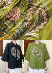 2024 Green Embroideried Linen Shirt Top Half Sleeve