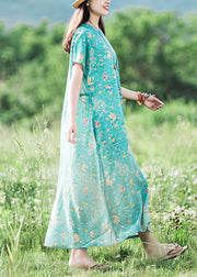 2024 Green O-Neck Print Linen Dress Short Sleeve