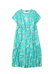 2024 Green O-Neck Print Linen Dress Short Sleeve