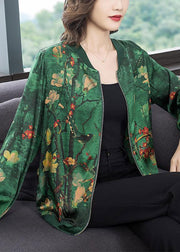 2024 Green O-Neck Print Zip Up Silk Coats Long Sleeve